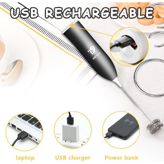Rechargeable Milk Frother,Milk Frother Handheld,Coffee Mixer with Stand,Detachable StainlessSteel Whisk,forLattes,Cappuccino,Matcha,Etc. (Black)