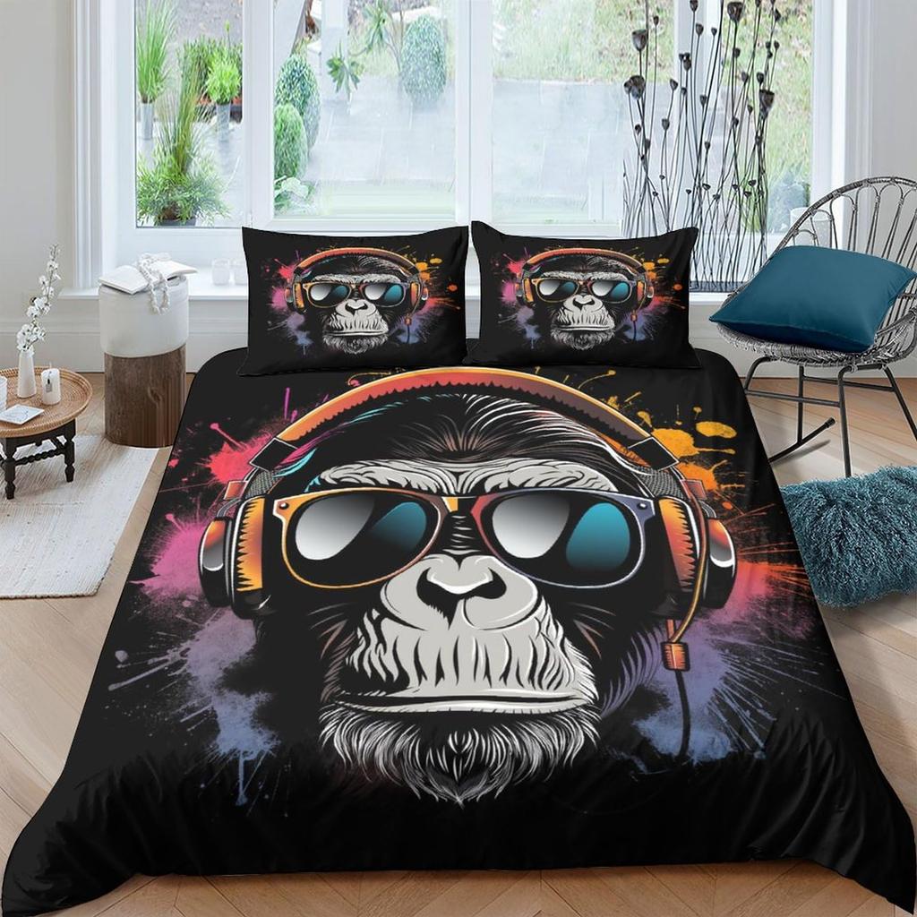 3D Gorilla Bettbezug Kopfhörer Gorilla Bettwäscheset Wildtiermuster Bettdeckenbezug Aquarell Blau Polyester Steppdeckenbezug