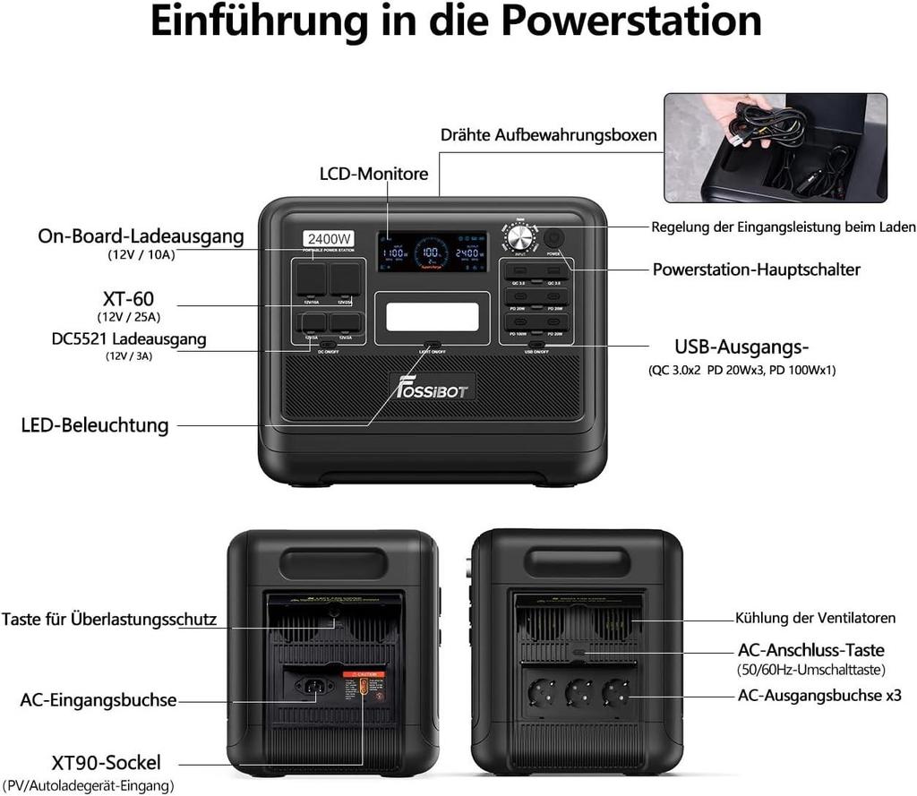 Power Station Portable FOSSiBOT F2400 | Batterie LiFePO4 2048Wh, 2400W (4800W Pic), 3 Sorties CA, RV/Maison/Voyage/Urgence