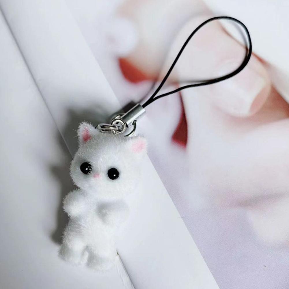 

Kawaii Flocking Cat Подвеска для телефона с ремешком на шею Милый бант Котенок Телефонная цепочка Корейский мобильный телефон Брелок для ключей Подарки для девочек белый