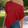 Women T-shirt Skew Collar Batwing Short Sleeve Waist Tight Design Tee Shirt Pure Color Loose Fit Soft Stretchy