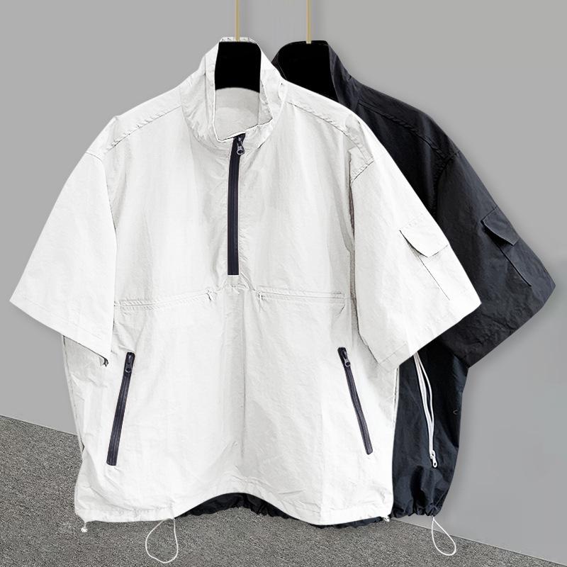 Men's Black Half Zip Short Sleeve Jacket Casual Oversized Streetwear Windbreaker