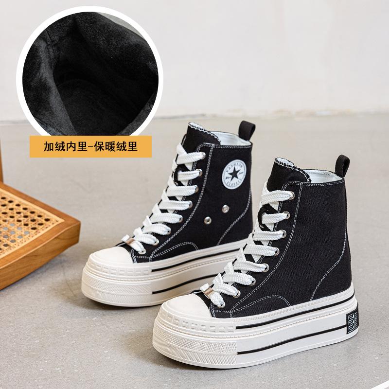 

2025 весна и осень новая женская модная платформа резиновые парусиновые туфли средняя голень универсальные внутренняя высота увеличена на 12 см тренд 37