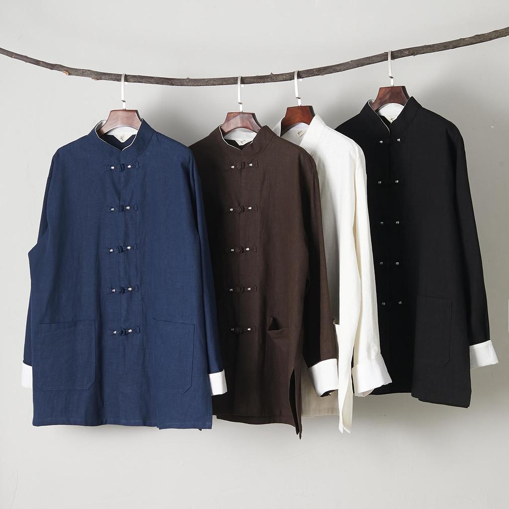 Men's 2025 Spring Silver Buckle Overlap Coat - Retro Chinese Style with Frog Buttons, Loose Casual Fit, Roll-Up Sleeves
