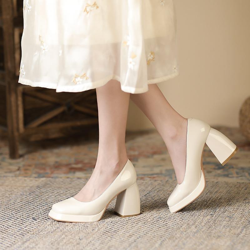 9-High heels women's autumn new waterproof table Mary Jane shoes thick heel square head shallow mouth single shoes women
