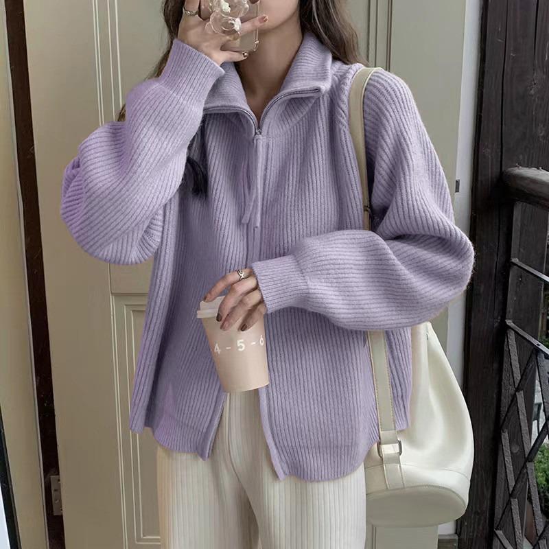 Solid color simple double zipper knitted cardigan top women's autumn and winter new loose lazy wind sweater jacket tide