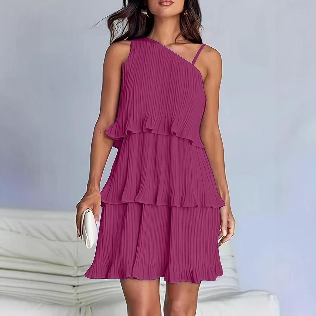 2026 European Cross-Border Women's One-Shoulder Layered Patchwork Pleated Dress