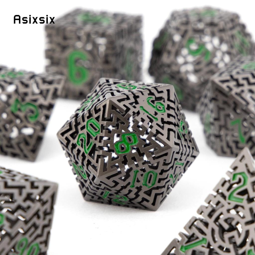 7 Pcs Black Green Metal Dice Maze Hollow Metal Polyhedral Dice Set Suitable for Role-Playing RPG  Board Game Card Game