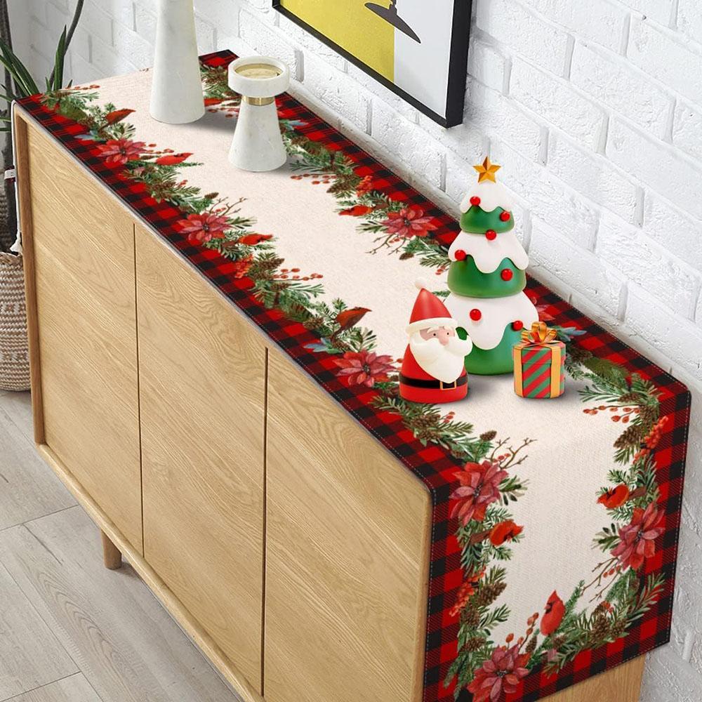 Christmas Cardinal Table Runner Buffalo Plaid Check Poinsettia Holly Xmas Win