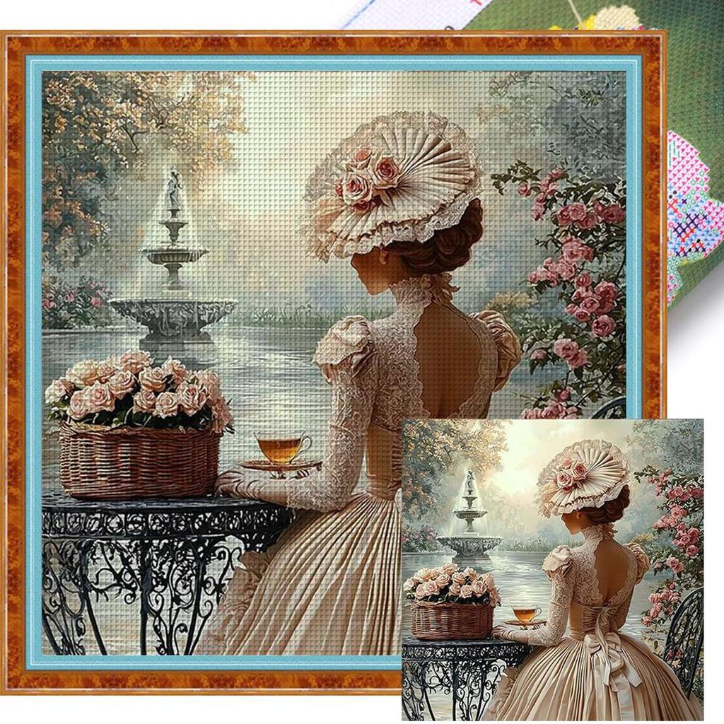 Kit Punto Croce Ricamo Completo Filo di Cotone 11CT Stampato Ragazza Arte 50x50cm