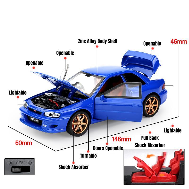 1/32 Subaru Impreza WRX 22B STI Toy Car Model Diecast Metal Vehicle Miniature Sound & Light Pull Back Collection Gift Kid