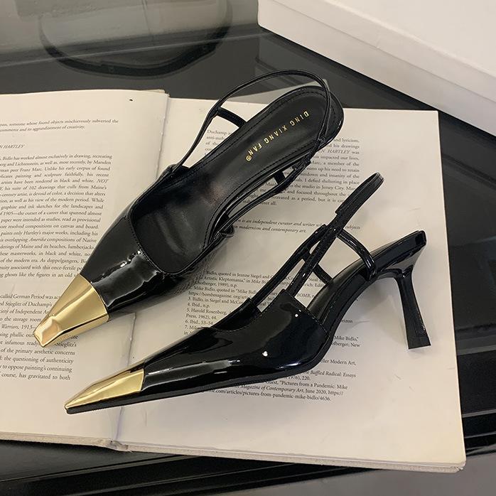 

Summer new one-word strap side empty pointed high heels women s thin heels green bag head rear empty sandals women s 35