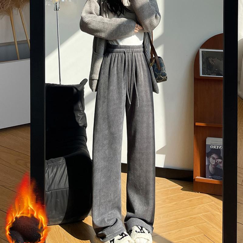 Herringbone Chenille Wide-leg Pants for Women's Autumn and Winter New Style Plush Pants for Slimming Loose Casual High-waist Straight-leg Pants