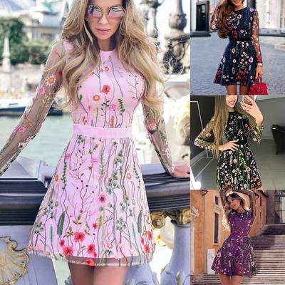 Nuevo vestido bohemio de mujer con bordado floral y malla de encaje