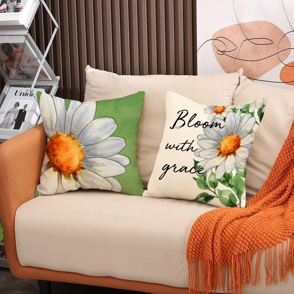 Linen Throw Pillow Cover with Daisy Floral Print and Home Sweet Home Text 45x45cm Decorative Cushion Case for Sofa Bed Living Room
