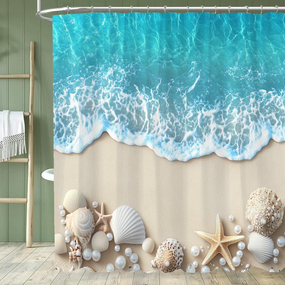 Sunshine Beach Shower Curtain,Ocean Shell Starfish Printing Polyester Fabric Bathroom Curtains for Home Decoration Curtain