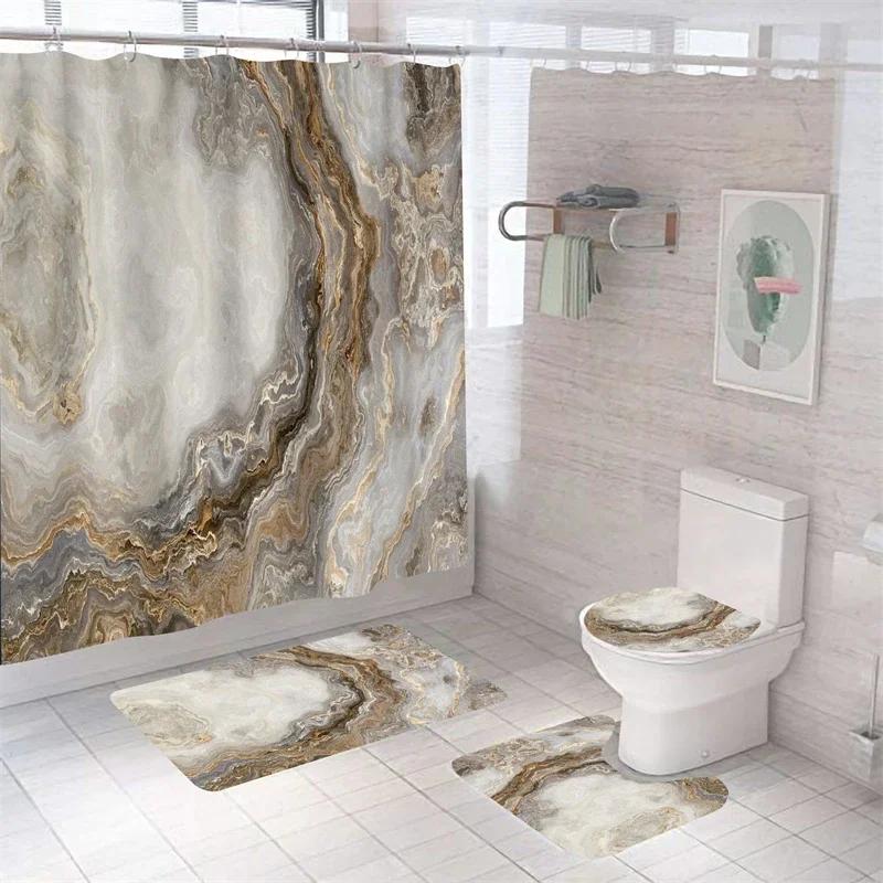 Luxury 3D Marble Shower Curtain Set Polyester Fabric Waterproof Batthroom Curtains Modern Style Printing Bath Toilet Cover Mat