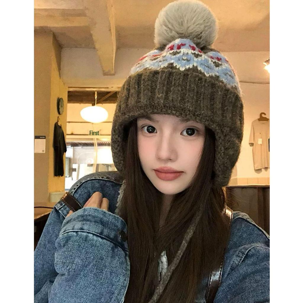 Women's Retro Fair Isle Earflap Woolen Beanie - Thick Knitted Autumn/Winter Warm Hat