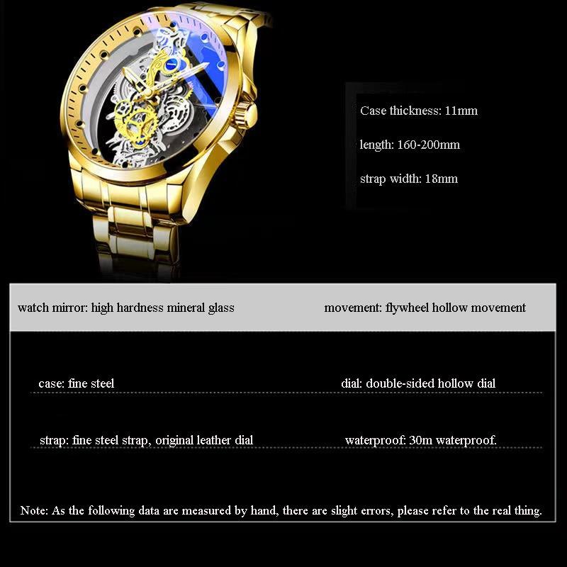 Luxury Brand Mens Watches Fashion Double-sided Hollow Dial Steel Quartz Wristwatch Waterproof Business Men's Clock