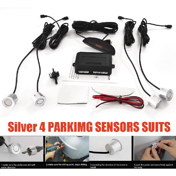 4 Parking Sensors Led Backup Reverse Rear Radar System Alert Alarm Kit Silver US