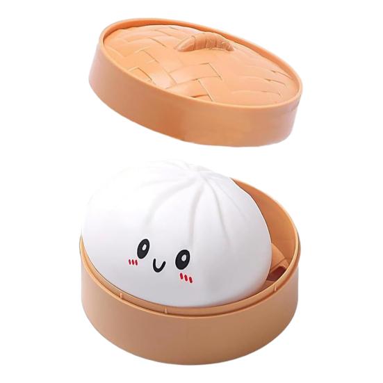 Smiling Steamed Bun Stress Ball with Steamer Anti-Anxiety Cartoon Dumpling Squeeze Toy Soft Simulated Dough Ball Fidget Sensory Toy