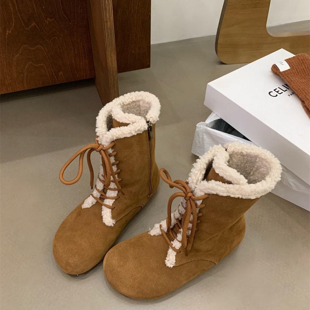 2025 Autumn and Winter New Round Head Velvet Lamb Wool Low Tube Thin Martin Snow Shoes Warm Women's Short Boots