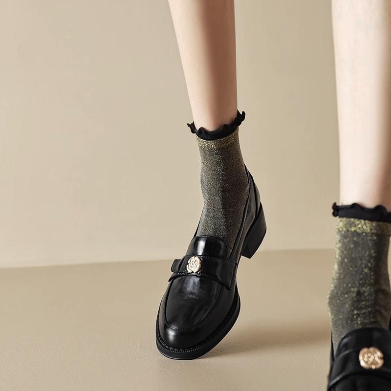 French retro British style thick heel loafers women's soft leather one-pedal camellia small leather shoes spring and autumn single shoes middle heel