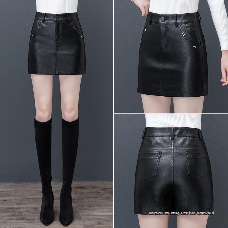 Plus Size Women's High-Waist Sheepskin Leather Shorts - Wide Leg Slimming Casual Hot Pants for Autumn/Winter 2025.