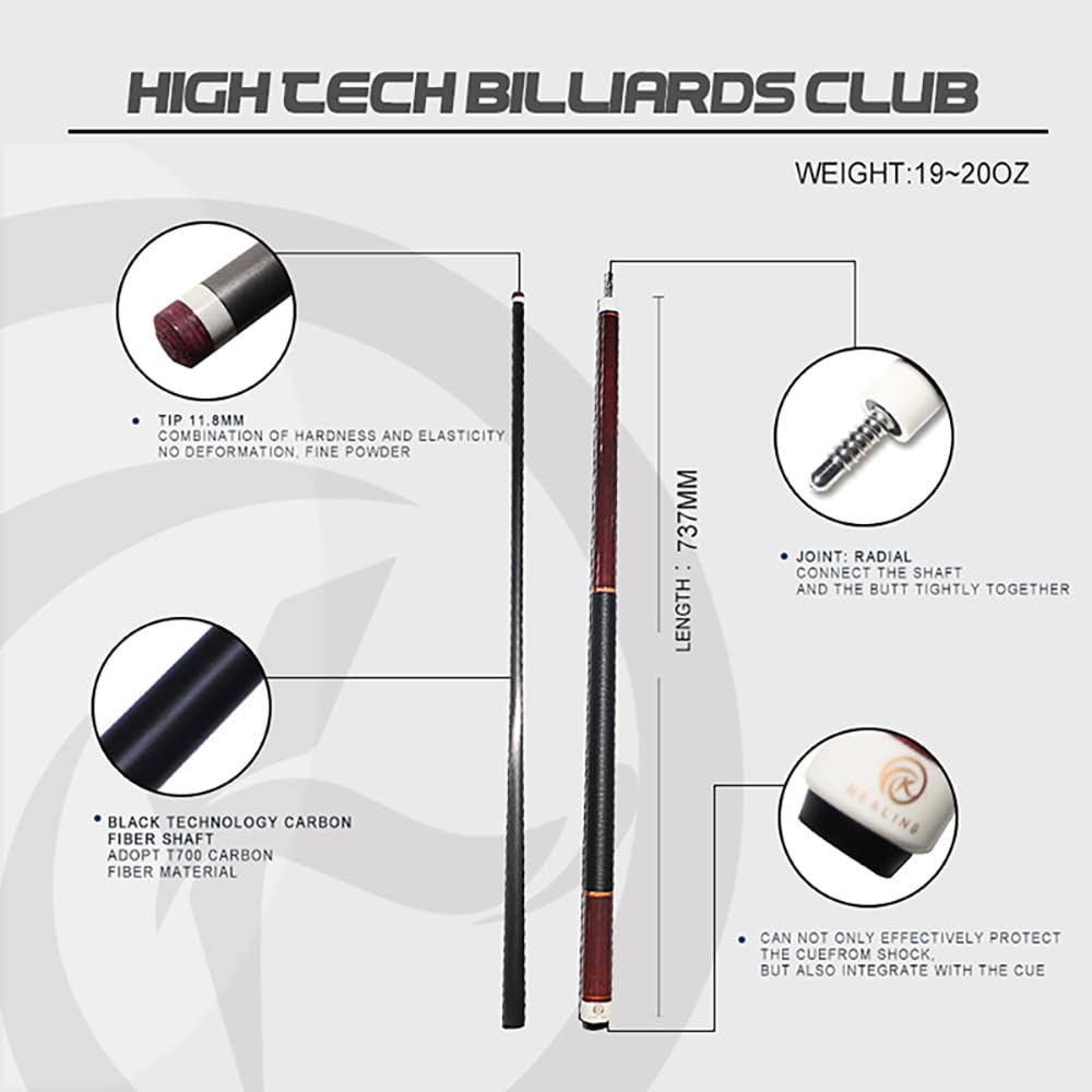 Billiard Cue OKHEALING 19oz Jointed Carbon Fiber Pool Cue Stick Cue Tip 58" 1/2 11.8mm (Play Cue)