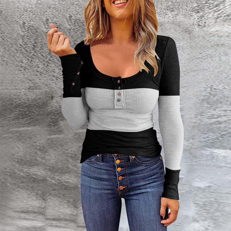 Farbabstimmung Farbverlauf T-Shirt Damen Rundhals Pullover Knopf Langarm Mode Slim Top