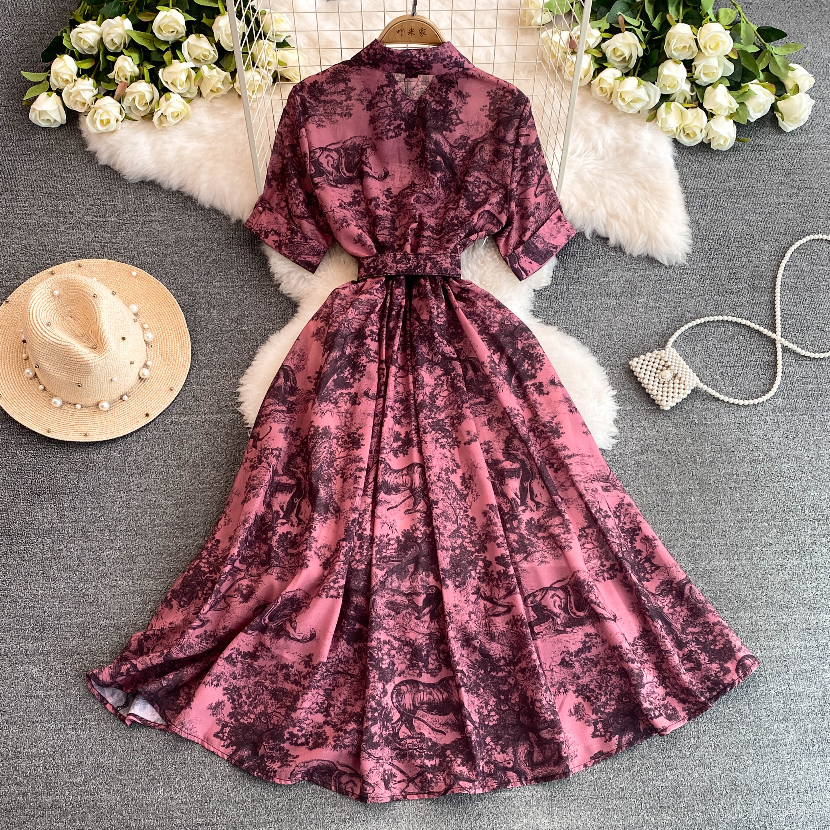 

Винтажное платье с принтом, женское платье-рубашка трапециевидной формы с короткими рукавами и лацканами, женские элегантные летние длинные халаты трапециевидной формы, Vestidos L фиолетовый