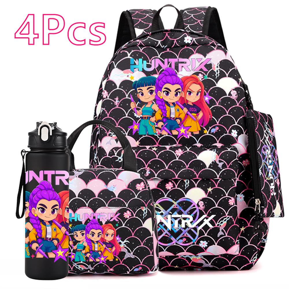 4Pcs/set Anime Cute K-POP Printed Backpack Large Capacity Bookbag HandBag Case Bag with 750ml Water Bottler Boy Girl SchoolBag Waterproof Mochila