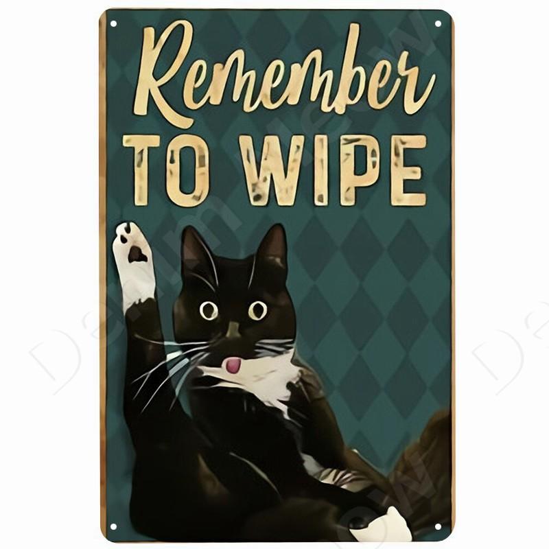 Funny Black Cat Vintage Tin Sign Remember to Wipe Metal Poster Cat Retro Plate Hello Sweet Cheeks Bathroom Decor for Bar Cafe
