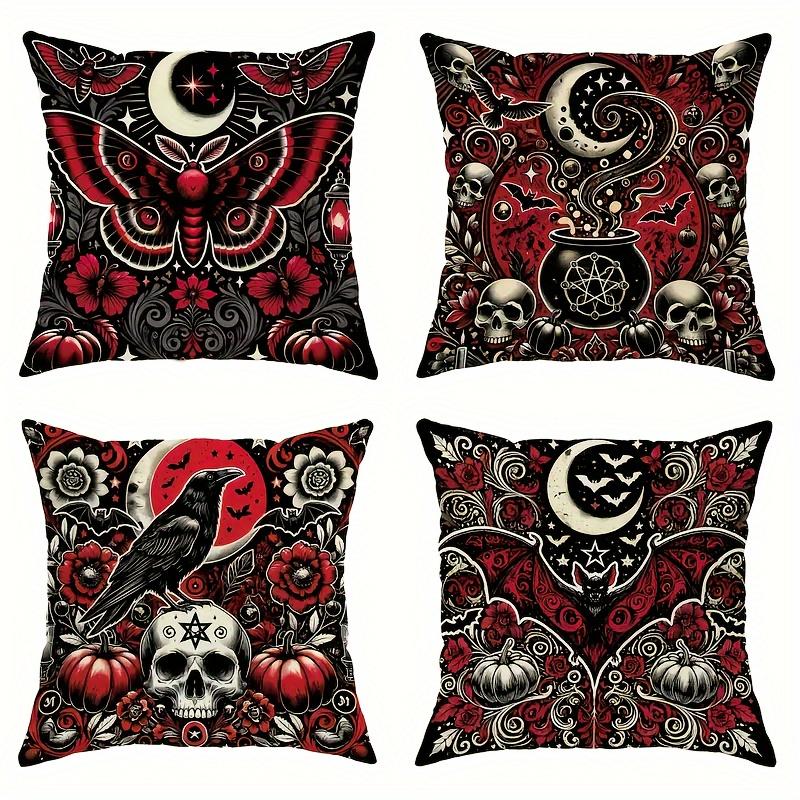 4pcs Halloween Throw Pillow Covers Spooky Bat, Pumpkin, Skull, Raven Cauldron Floral Moon Designs Zippered Cushion Cases 4PCS