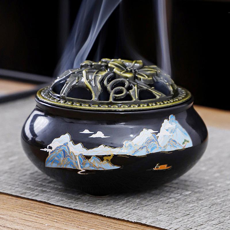1 pcs Landscape Meditation Lotus Theme Celadon Ceramic Incense Burner Home Furnishings Sandalwood Incense Burner