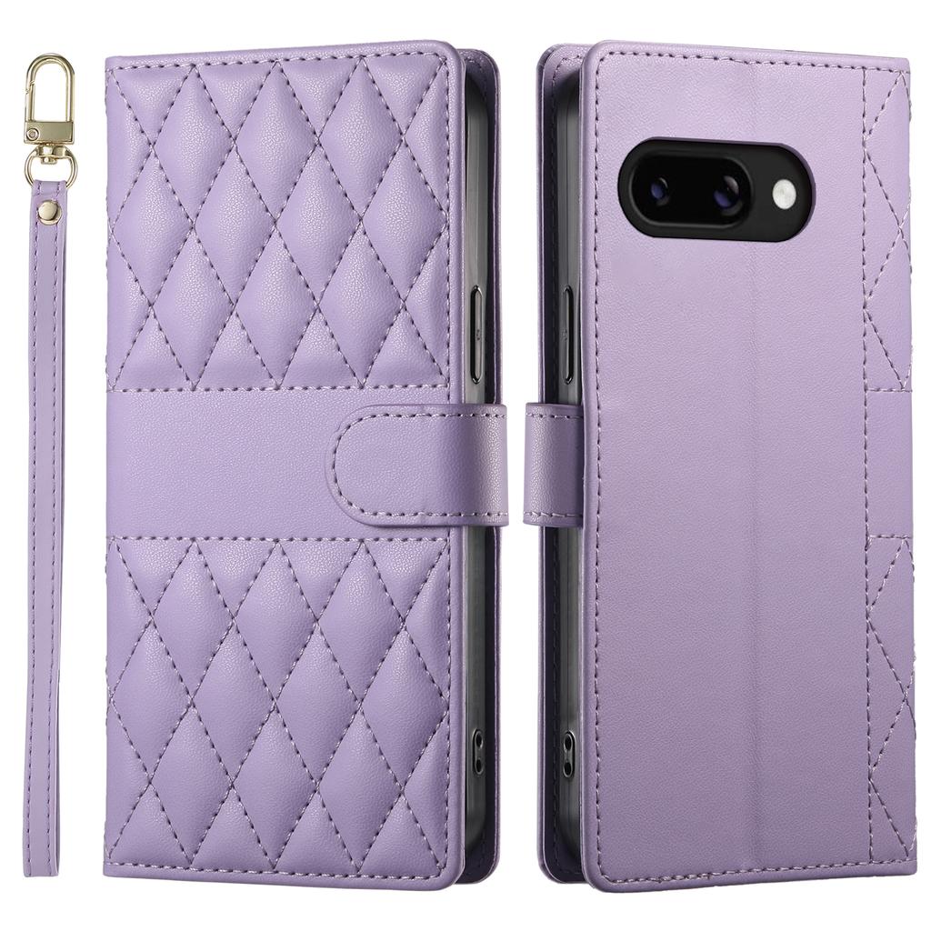 For Google Pixel 9a Case Rhombus Stitching Wallet Stand Leather Phone Cover with Long/Short Strap
