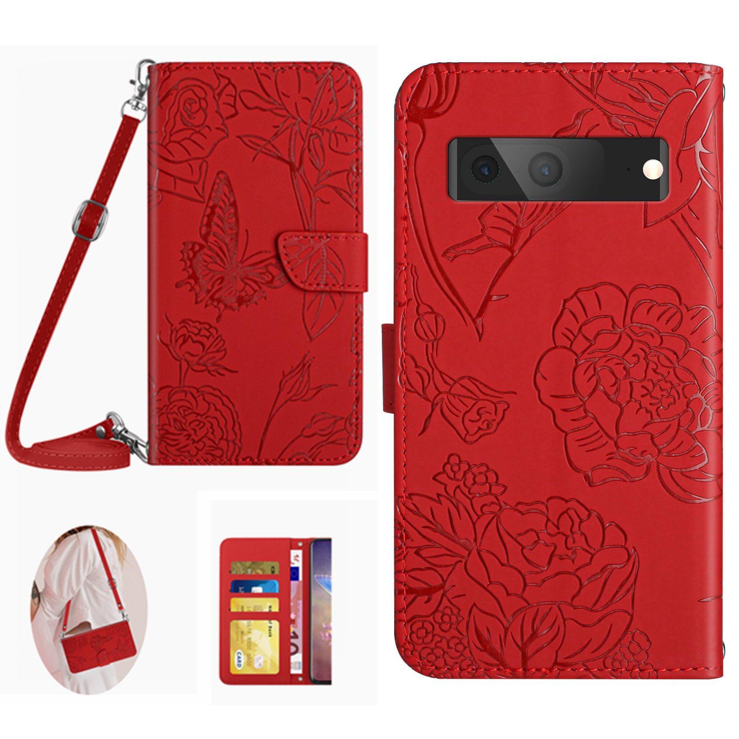

HT03 Phone Case for Google Pixel 7a PU Leather Butterfly Flowers Imprinted Stand Wallet Cover with Shoulder Strap Red