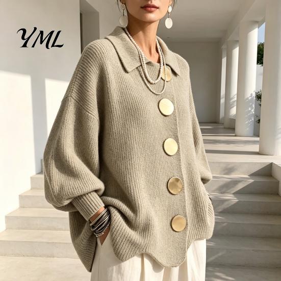 Women Knit Cardigan Oversized Sweater, Collared Top with Large Metal Relaxed Fit Buttons, Loose Lantern Sleeve Casual Sweater for Spring Autumn Button