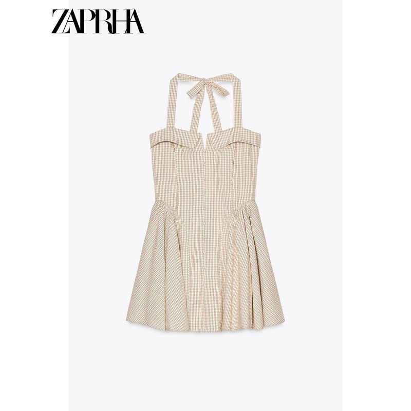 Zaprha 2025 New Arrival French Sweet First Date Silm Cotton Hanging Collar Gingham Short Dress 5107303