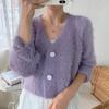 Hirsionsan Gentle Purple Mohair Cardigan Sweater Dam Cropped Mink Fleece Enkelknäppt tröja Kvinnlig Elegant mode varma toppar