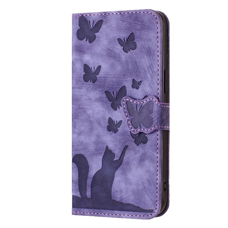 Butterfly Cat Embossed Leather Flip Case for Apple iPhone Pro Max SE3 - Card Holder for Women