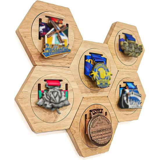 Medal Holder Display Rack with Hexagonal Design Hand-Polished Corners Wall Shelf for Sports Taekwondo Medals
