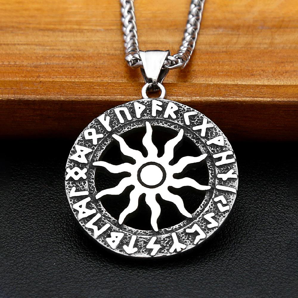 Vintage słońce bóg Apollo naszyjnik moda okrągły Nordic ze stali nierdzewnej Viking Rune naszyjnik mężczyźni biżuteria Amulet prezent