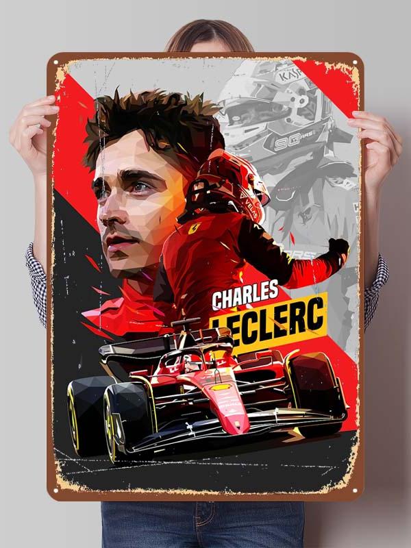 Charles Leclerc Rennfahrer Poster F1 Rennsport Metallschilder Wandkunst Wandbild Benutzerdefinierte Blechschilder für Wandkunst Dekoration Vintage Metallschild