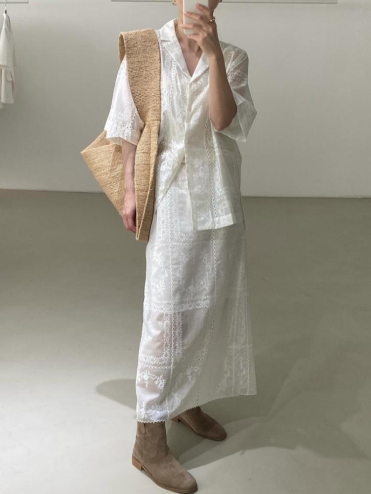 

Винтажный модный свободный комплект из 2 предметов с лацканами и половиной рукава, женский корейский шикарный однотонный тонкий ажурный топ, женский дизайн, повседневный костюм с юбкой с высокой талией