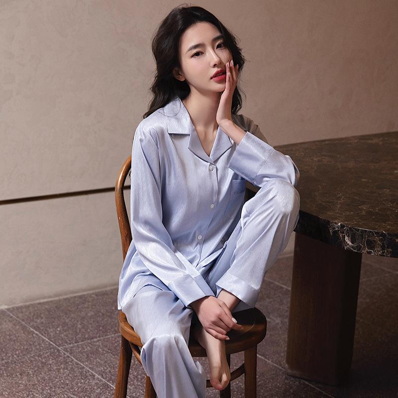 Women’s Ice Silk Pajama Set Long Sleeve Top and Pants Spring Summer Autumn Herringbone Pattern Elegant Loungewear