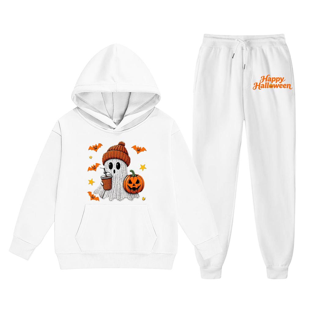 Kids Halloween Hoodie Set Ghost Pumpkin Print Long Sleeve Pullover Sweatshirt with Hood and Matching Pants Casual Outfit for Boys and Girls