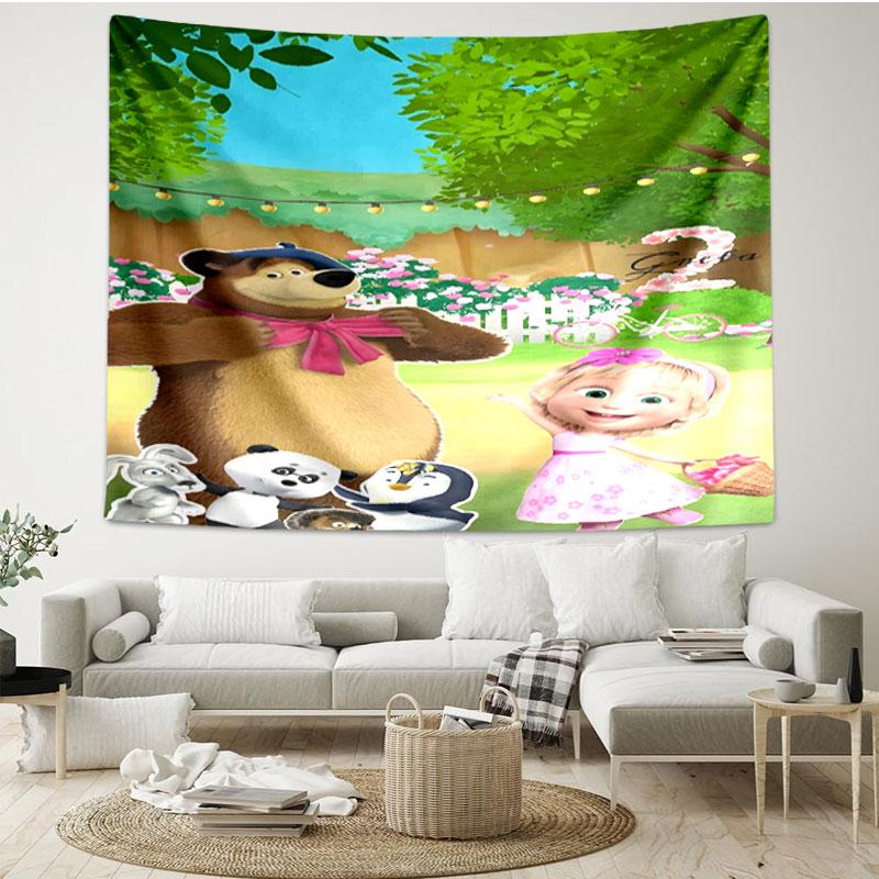 Masha and The Bear Print Tapestry - Portable Wall Decor Cloth, for Home, Dorm, Travel, Bedroom, Living Room - Ideal Birthday Housewarming Gift