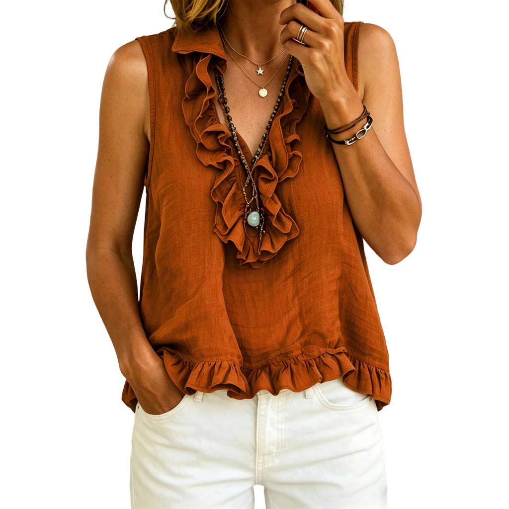 Women's V Neck Ruffle Sleeveless Blouse Lightweight Summer Casual Vacation Top with Frilled Hem and Front Detail
