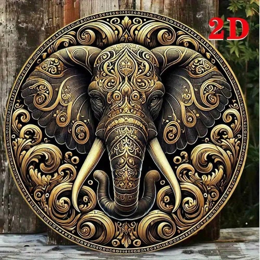 Vintage Golden Elephant Round Aluminum Wall Art Floral Geometric Decor